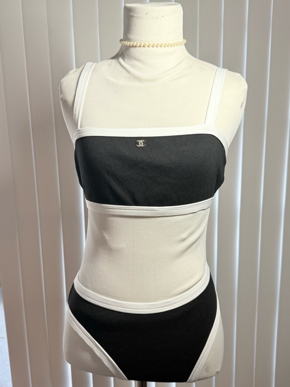 CHANEL Black and White Colorblock Ribbed Tank Bodysuit